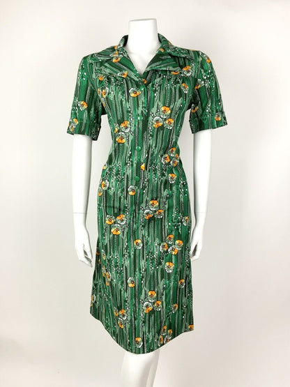 VINTAGE 60s 70s GREEN WHITE ORANGE STRIPED FLORAL DAGGER SHIRT DRESS 14 16