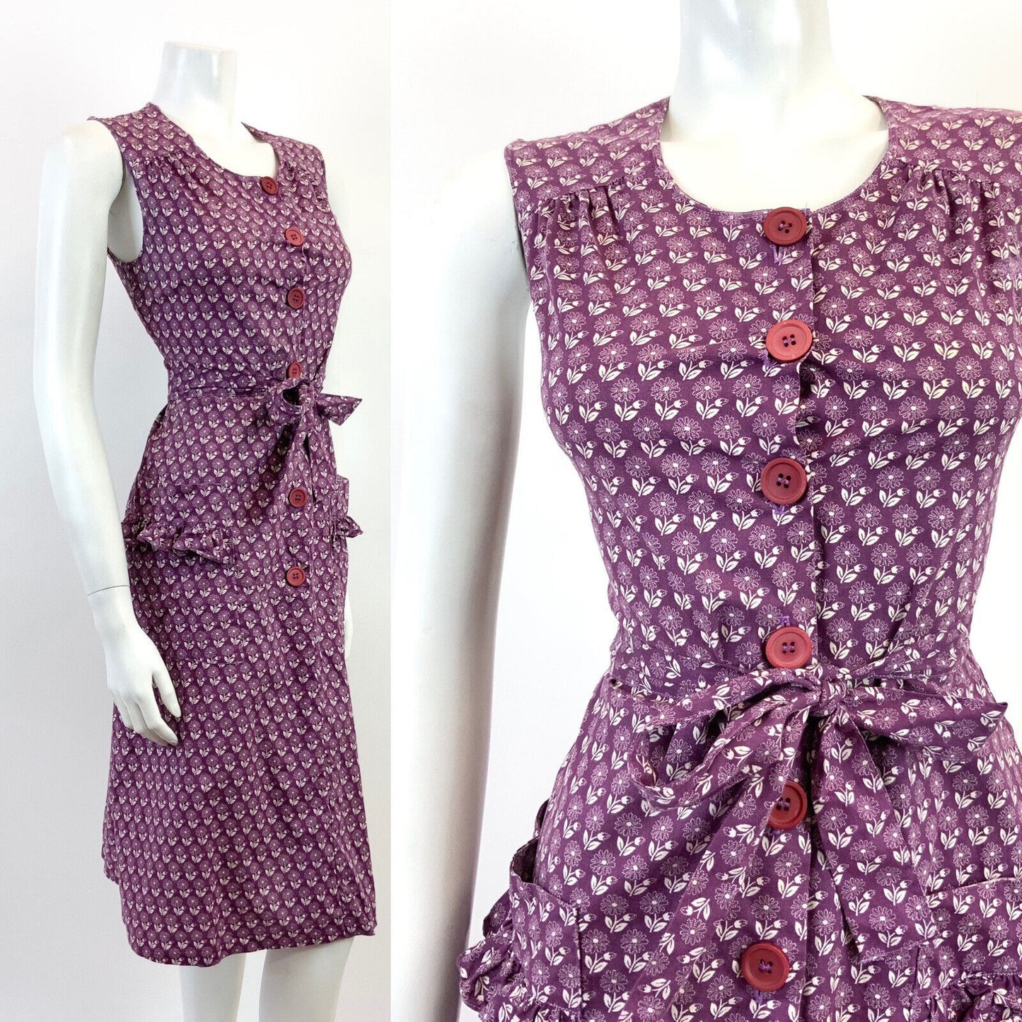 VINTAGE 60s 70s PLUM PURPLE WHITE FLORAL BOHO PRAIRIE SLEEVELESS DRESS 8 10