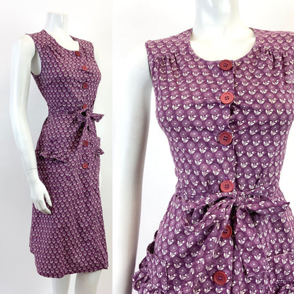 VINTAGE 60s 70s PLUM PURPLE WHITE FLORAL BOHO PRAIRIE SLEEVELESS DRESS 8 10
