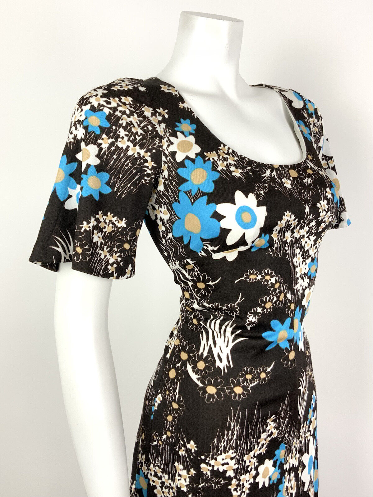 VINTAGE 60s 70s DARK BROWN WHITE BLUE FLORAL DAISY SUMMER DRESS 12