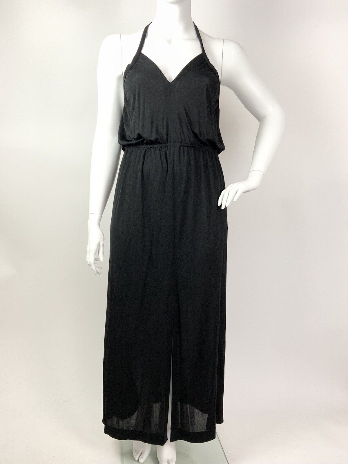 VINTAGE 60s 70s JET BLACK GRECIAN STRAPPY HALTER MAXI SUN DRESS 16 18
