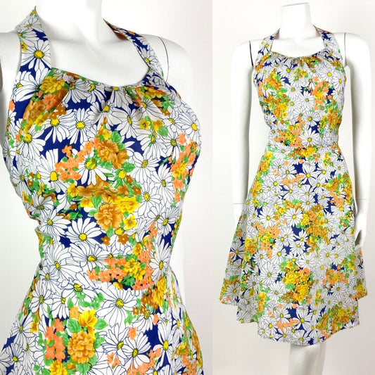 VINTAGE 60s 70s WHITE YELLOW ORANGE FLORAL DITSY DAISY HALTER SUMMER DRESS 10 12