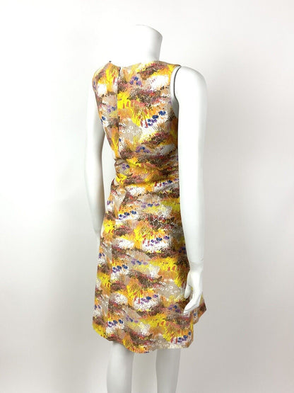 VINTAGE 60s 70s YELLOW BROWN ORANGE BLUE FLORAL PSYCHEDELIC LACE DRESS 10