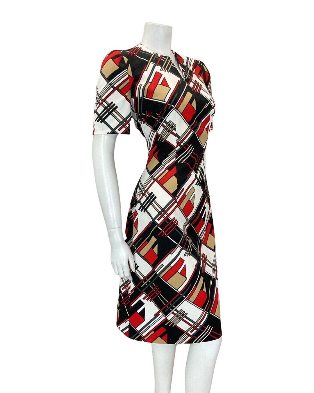 VINTAGE 60s 70s BLACK WHITE RED GEOMETRIC CHECKED MOD FIT & FLARE DRESS 10 12