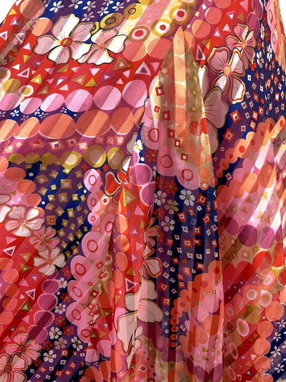VINTAGE 60s 70s PINK ORANGE BLUE PSYCHEDELIC FLORAL GEOMETRIC FLOATY DRESS 6 8