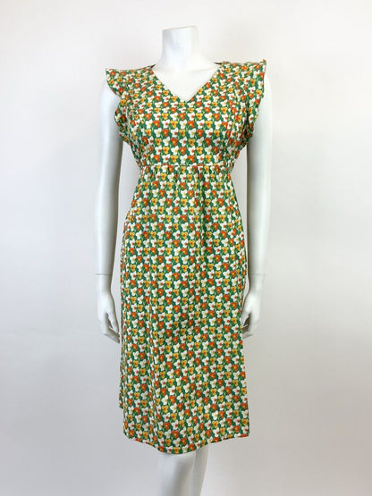 VTG 60s 70s GREEN WHITE ORANGE YELLOW FLORAL MOD SLEEVELESS SUMMER DRESS 12 14