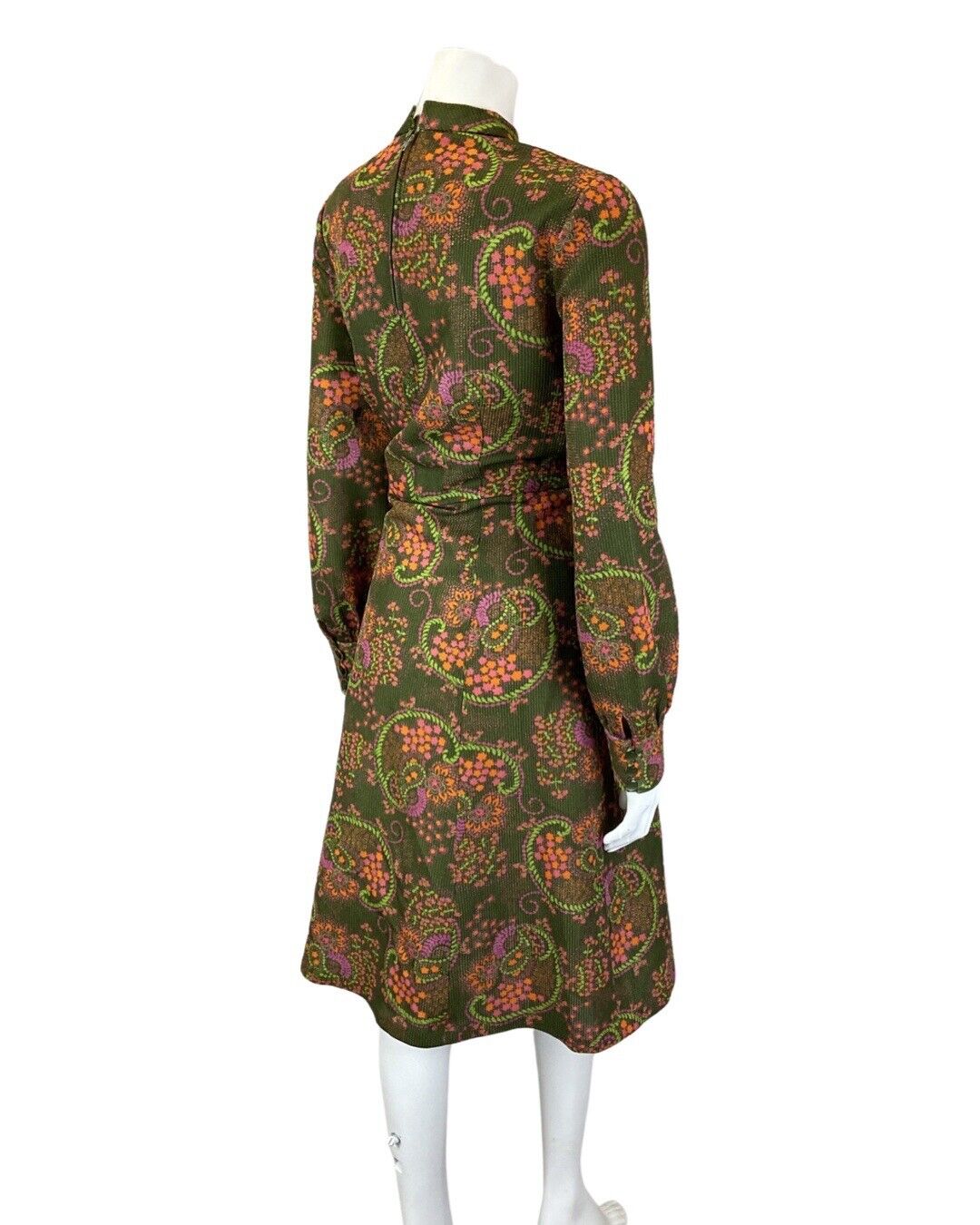 VINTAGE 60s 70s GREEN PINK ORANGE PAISLEY FLORAL PSYCHEDELIC FLARED DRESS 14