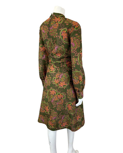 VINTAGE 60s 70s GREEN PINK ORANGE PAISLEY FLORAL PSYCHEDELIC FLARED DRESS 14