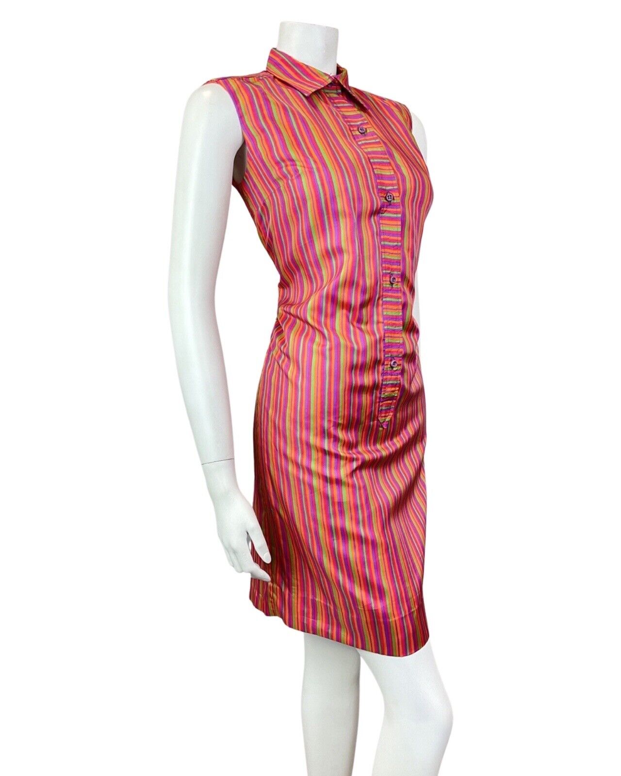 VINTAGE 60s 70s PINK GREEN PURPLE STRIPED SLEEVELESS MOD SHIFT DRESS 10 12