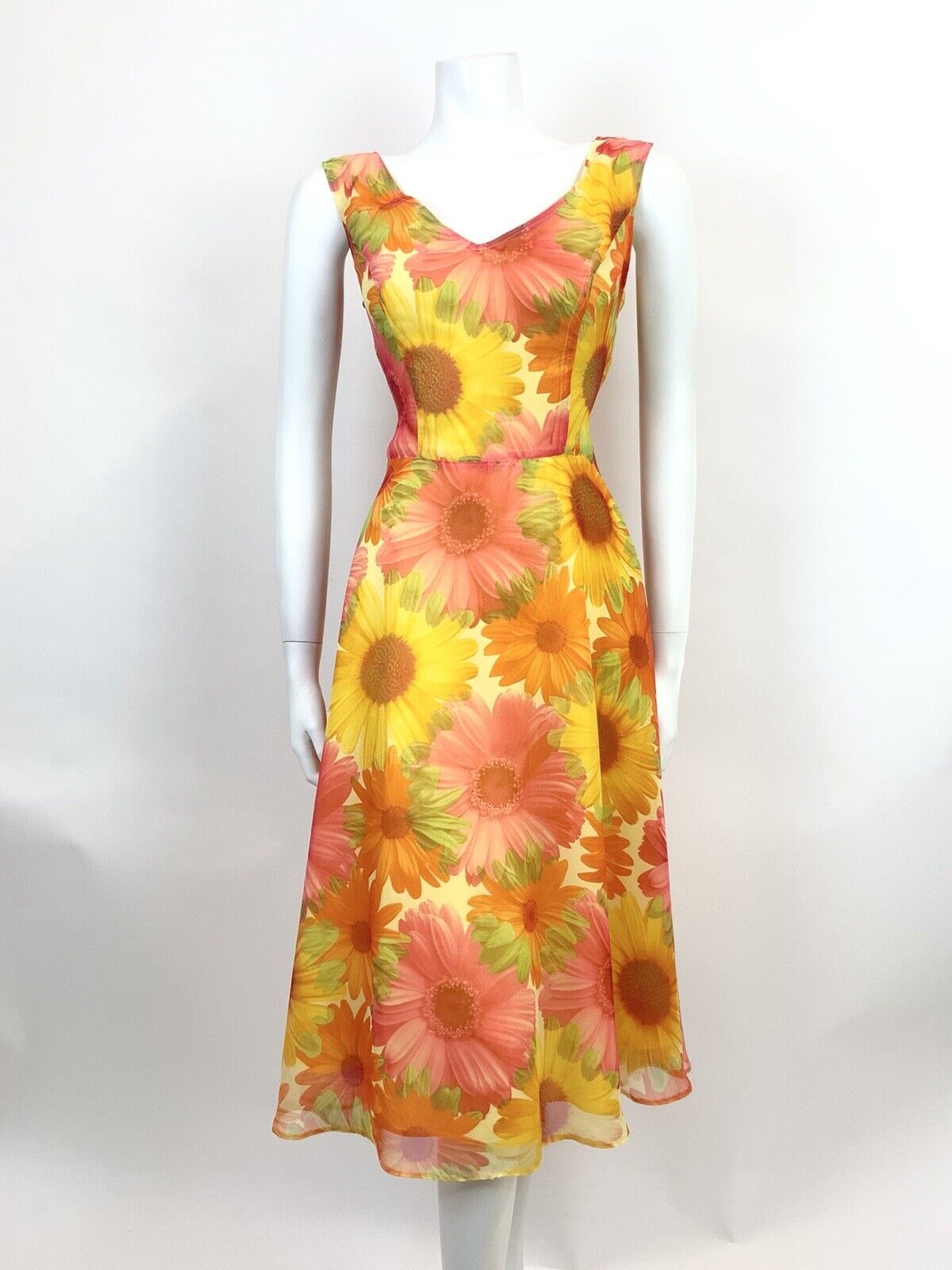 VINTAGE 60s 70s YELLOW ORANGE PINK FLOWER POWER GERBERA FLOATY SUMMER DRESS 8 10