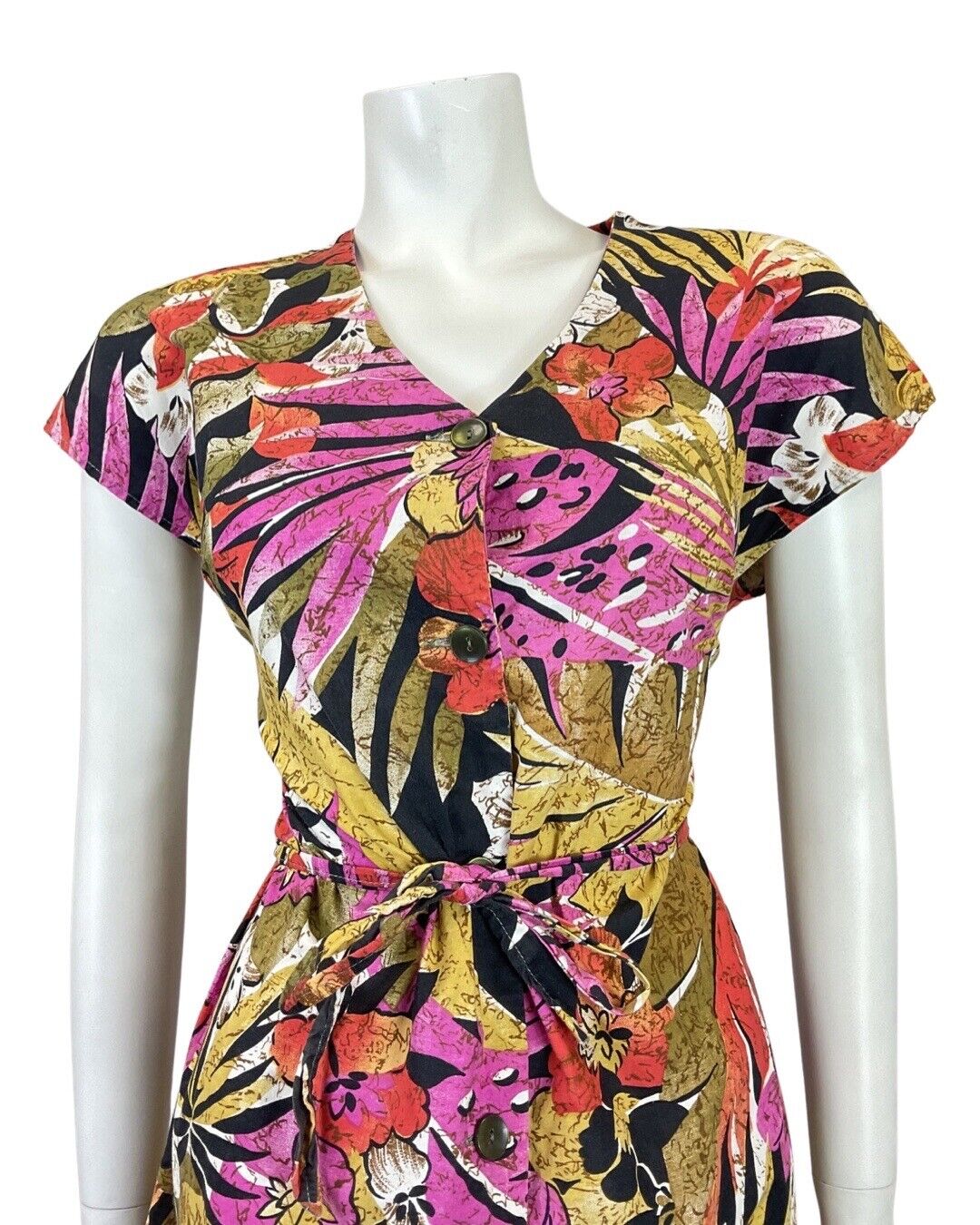 VINTAGE 70s 80s BROWN PINK YELLOW FLORAL PALM LEAF HAWAIIAN SHIRT DRESS 10 12