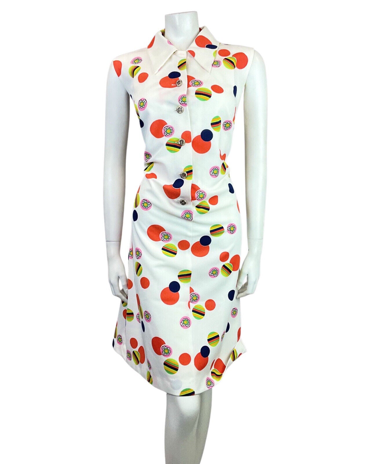 VINTAGE 60s 70s WHITE RED PINK STRIPED DAISY DOTTY MOD SLEEVELESS SHIRT DRESS 16