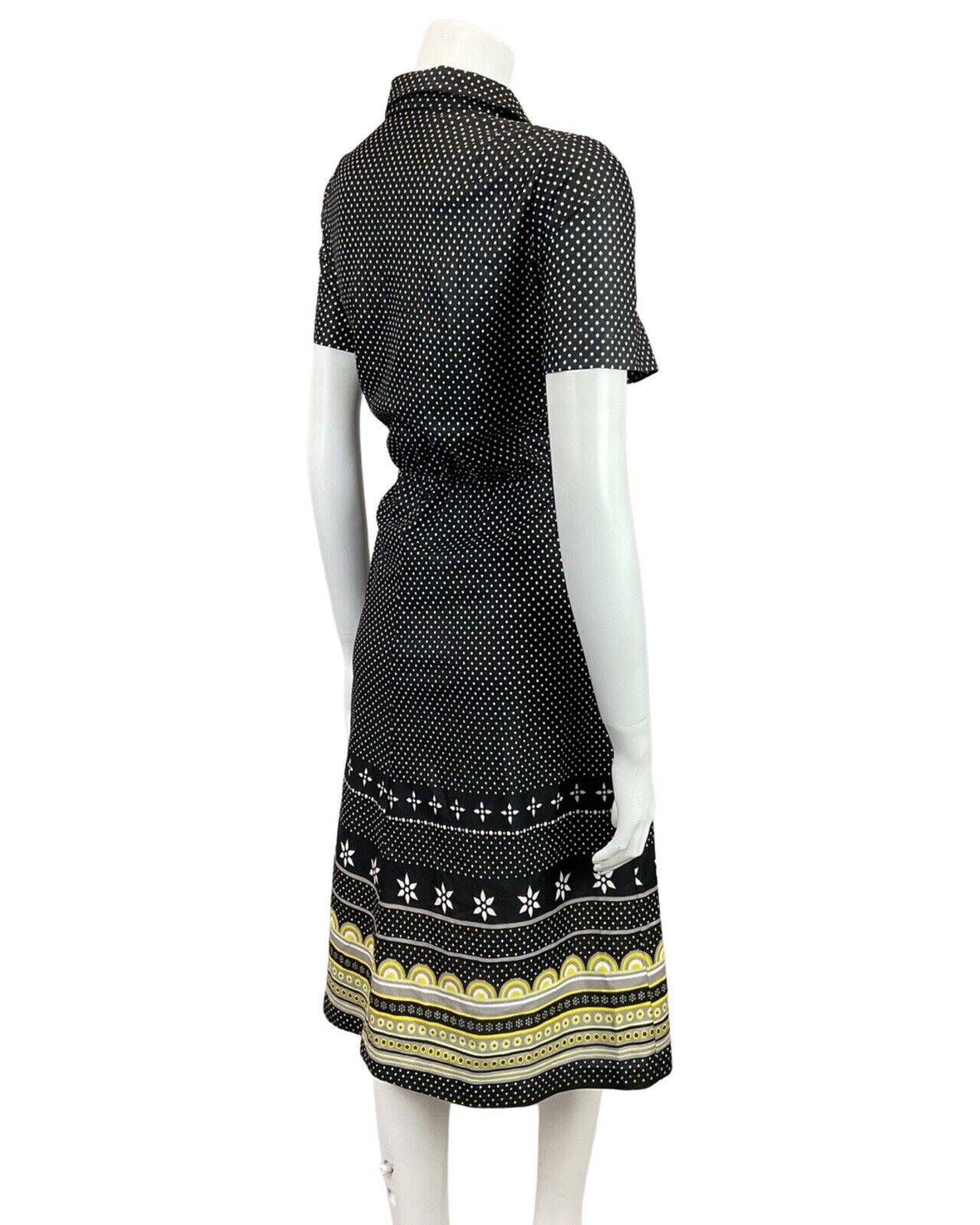 VINTAGE 60s 70s BLACK WHITE YELLOW POLKA-DOT GEOMETRIC DAISY MOD SHIRT DRESS 10
