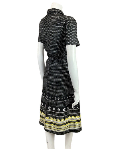VINTAGE 60s 70s BLACK WHITE YELLOW POLKA-DOT GEOMETRIC DAISY MOD SHIRT DRESS 10