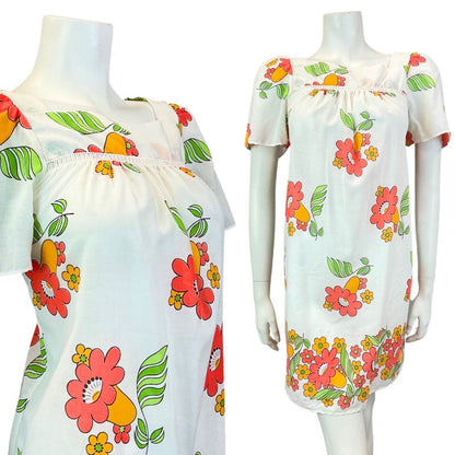 VINTAGE 60s 70s WHITE RED YELLOW FLORAL SUMMER MOD TENT YOKE DRESS 10