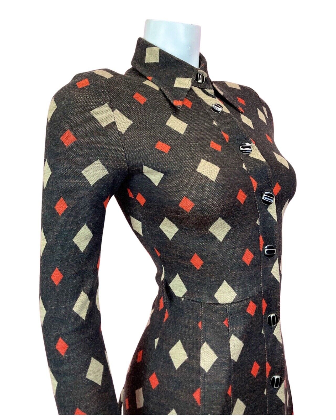 VINTAGE 60s 70s BLACK RED BEIGE DIAMOND GEOMETRIC DAGGER SHIRT DRESS 4