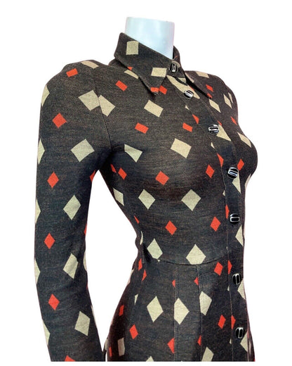 VINTAGE 60s 70s BLACK RED BEIGE DIAMOND GEOMETRIC DAGGER SHIRT DRESS 4