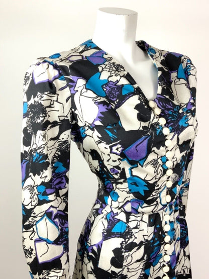 VINTAGE 60s 70s WHITE BLACK BLUE PURPLE PSYCHEDELIC FLORAL DRESS 10 12