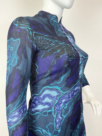 VINTAGE 60s 70s BLUE PURPLE BLACK PSYCHEDELIC GEODE MOD MANDARIN COLLAR DRESS 16