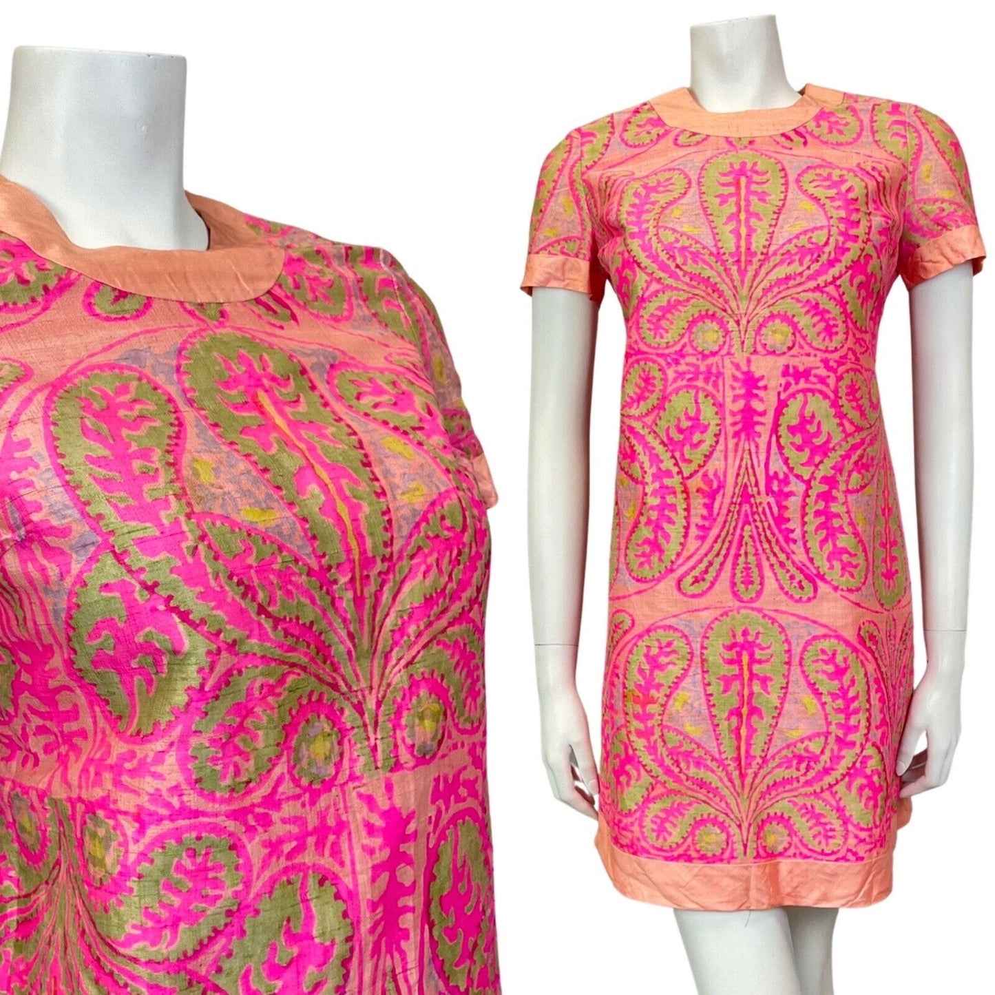 VINTAGE 60s 70s PINK PEACH LILAC GREEN PAISLEY MOD SHIFT DRESS 8 10