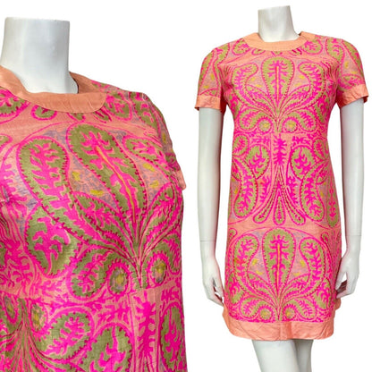 VINTAGE 60s 70s PINK PEACH LILAC GREEN PAISLEY MOD SHIFT DRESS 8 10