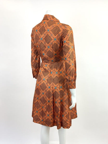 VINTAGE 60s 70s ORANGE BLACK GREEN RED CHECKERBOARD GEOMETRIC DAGGER SHIRT 8 10