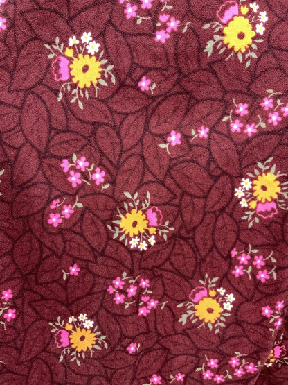 VINTAGE 60s 70s WINE RED YELLOW PINK LEAFY FLORAL DAGGER SHIRT DRESS 16 18