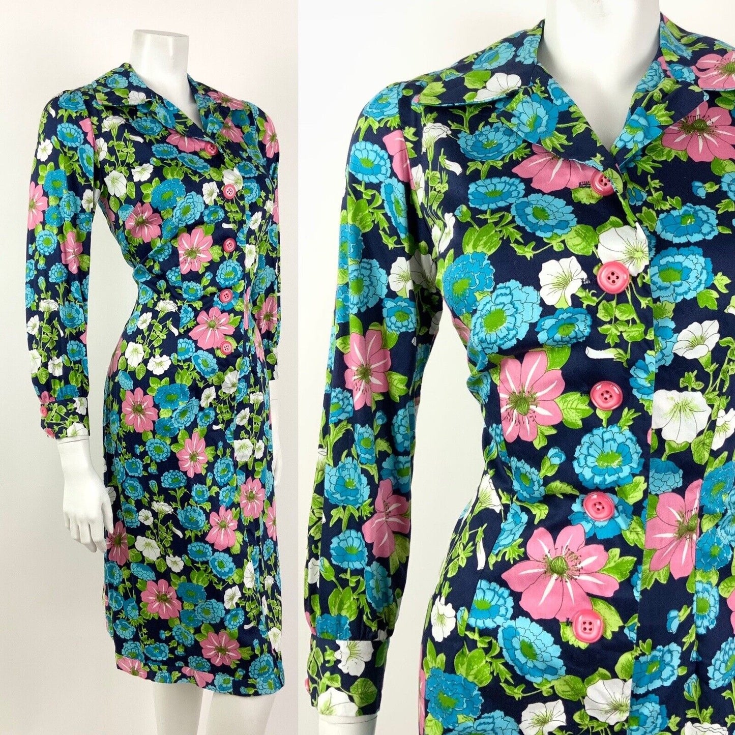 VINTAGE 60s 70s BLUE GREEN PINK WHITE FLORAL DAGGER COLLAR SHIRT DRESS 10 12