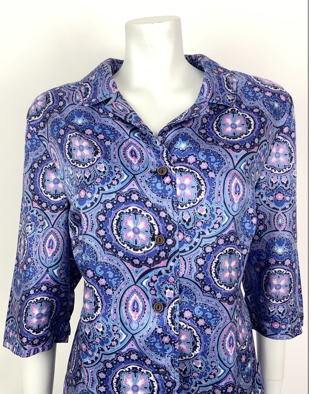 VINTAGE 60s 70s PURPLE BLUE PINK ARABESQUE FLORAL PSYCHEDELIC SHIRT DRESS 16 18
