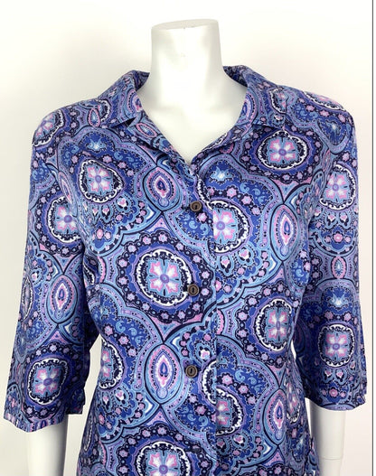 VINTAGE 60s 70s PURPLE BLUE PINK ARABESQUE FLORAL PSYCHEDELIC SHIRT DRESS 16 18