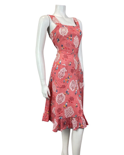 VINTAGE 60s 70s RED WHITE STRIPED DITSY FLOWER LACE PRAIRIE APRON SUN DRESS 8