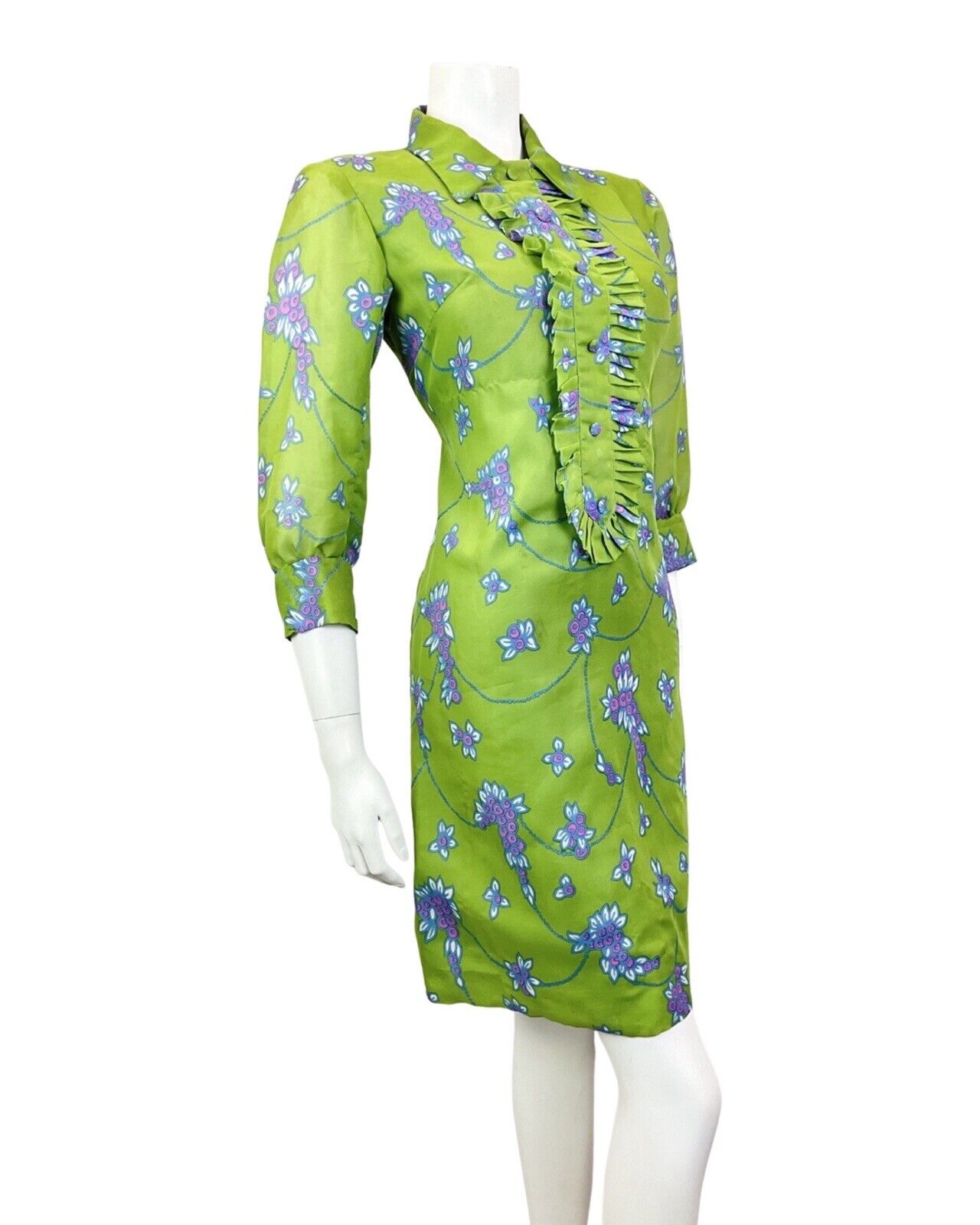 VINTAGE 60s 70s GREEN BLUE FLORAL MOD DAGGER COLLAR RUFFLED SHIFT DRESS 10 12