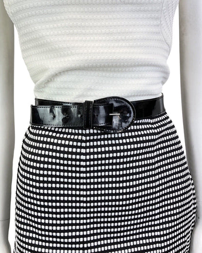 VINTAGE 60s 70s WHITE BLACK CHECKERBOARD BELTED MOD SLEEVELESS DRESS 12