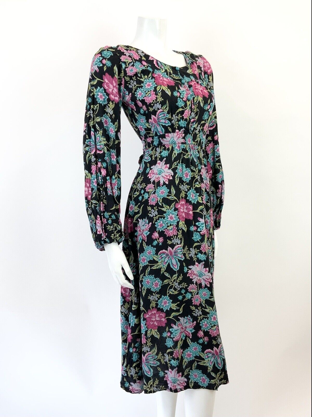 VINTAEG 60s 70s BLACK PINK BLUE GREEN FLORAL BOHO FOLK PUFF SLEEVE DRESS 8