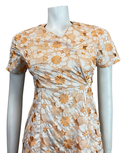 VINTAGE 60s STYLE 90s ORANGE WHITE FLORAL EMBROIDERED CUT-OUT MOD DRESS 6 8