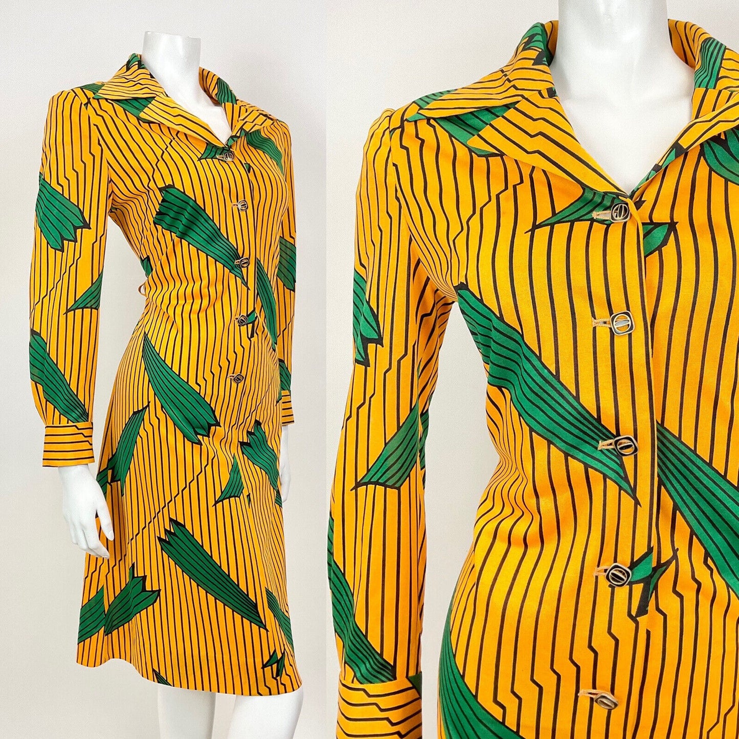 VINTAGE 60s 70s YELLOW BLACK GREEN STRIPED LEAFY MOD DAGGER SHIRT DRESS 10 12