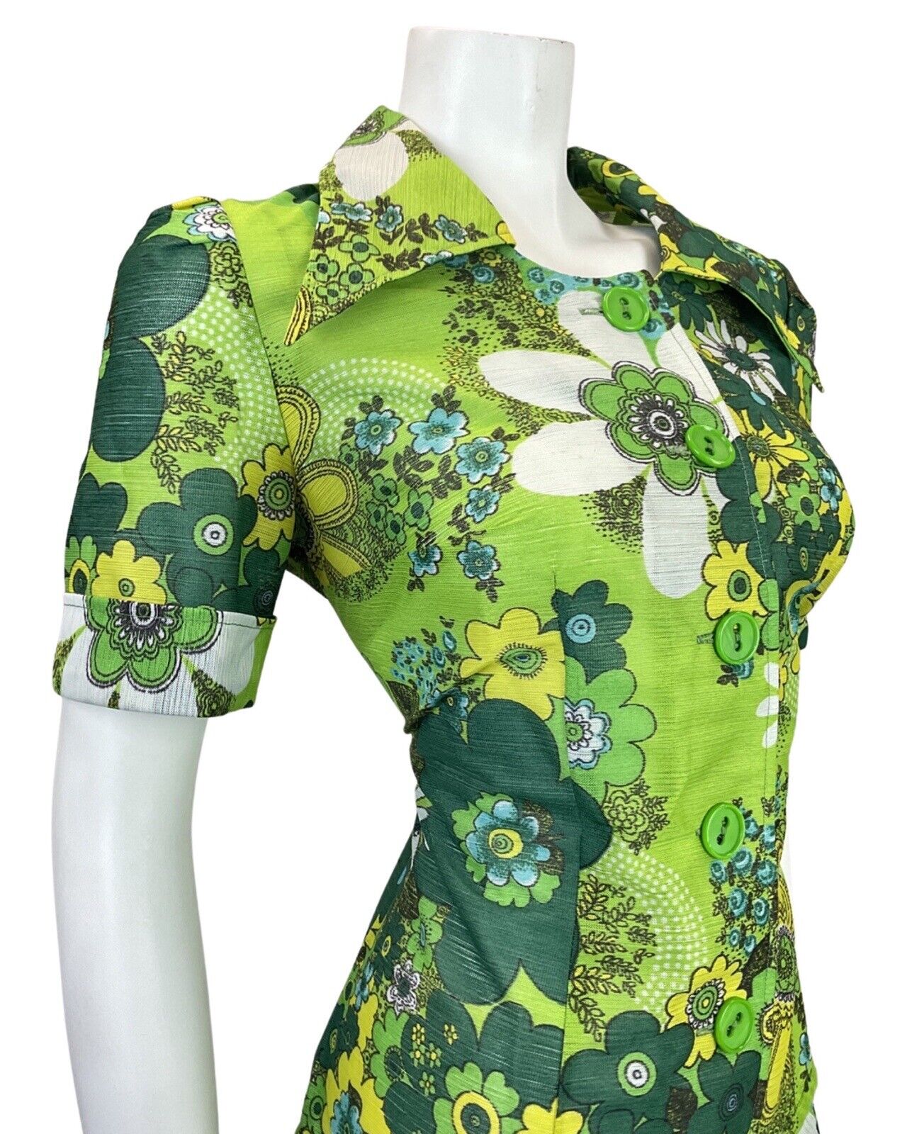 VTG 60s 70s GREEN LIME FOREST FLORAL PSYCHEDELIC DROP WAIST SHIRT DRESS 12 14