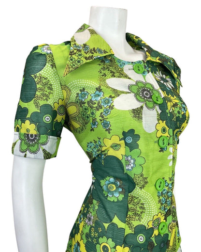 VTG 60s 70s GREEN LIME FOREST FLORAL PSYCHEDELIC DROP WAIST SHIRT DRESS 12 14