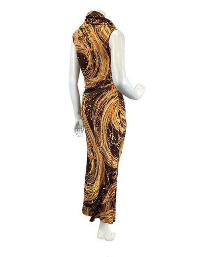 VINTAGE 60s 70s BROWN GOLD CREAM PSYCHEDELIC SWIRL COWL-NECK MAXI DRESS 8 10