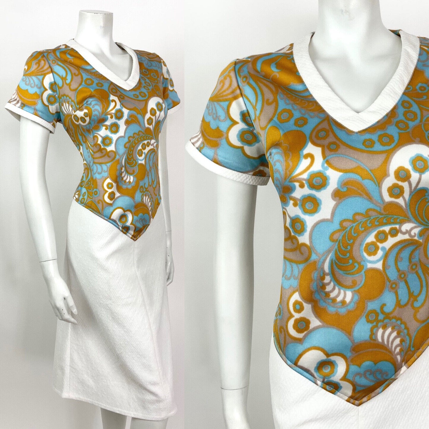 VINTAGE 60s 70s WHITE BLUE GOLD FLORAL PAISLEY PSYCHEDELIC DRESS 14 16