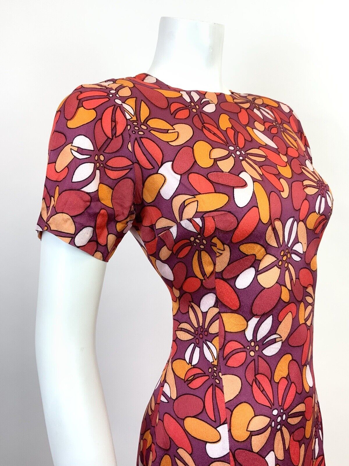 VTG 60s 70s PURPLE PEACH RED FLORAL PETAL PSYCHEDELIC MOD FITTED DRESS 10 12