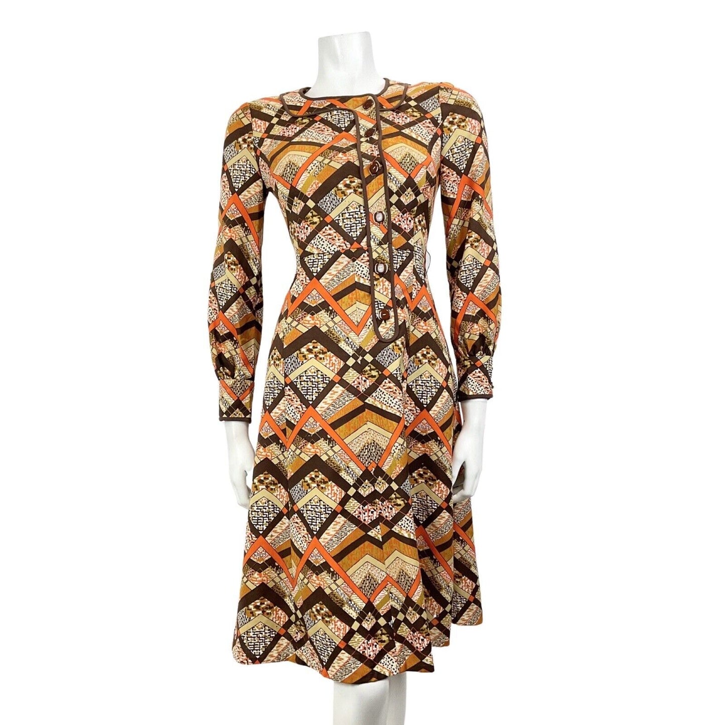VINTAGE 60s 70s BROWN CREAM ORANGE GEOMETRIC PSYCHEDELIC MOD LONGSLEEVE DRESS 8
