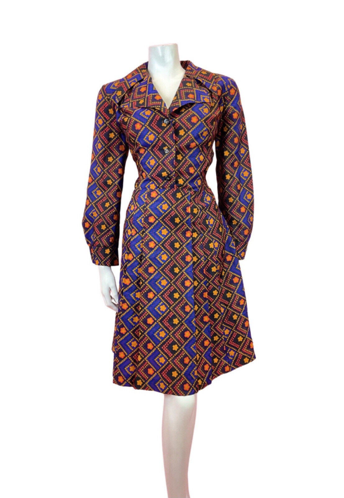 VTG 60s 70s BLUE YELLOW RED FLORAL DAISY CHECKED MOD DAGGER SHIRT DRESS 14 16