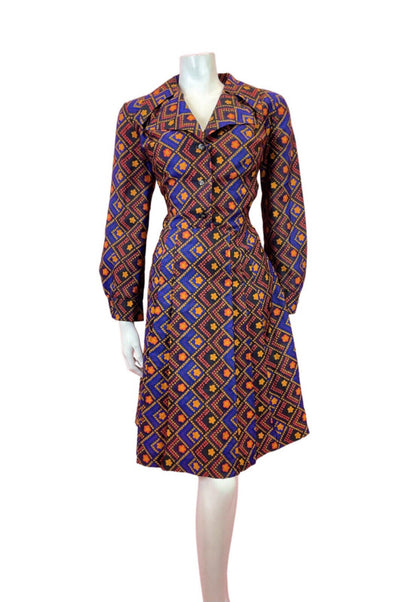 VTG 60s 70s BLUE YELLOW RED FLORAL DAISY CHECKED MOD DAGGER SHIRT DRESS 14 16