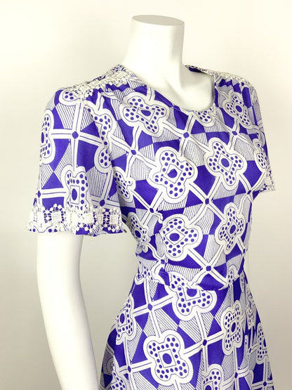 VINTAGE 60s 70s PURPLE WHITE LACE GEOMETRIC CHECKED MOD SWING DRESS 10 12