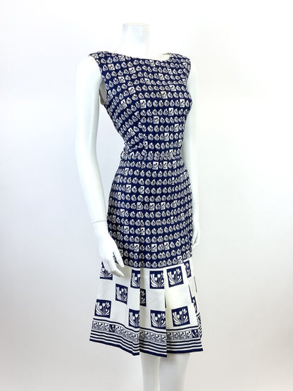 VINTAGE 60s 70s NAVY BLUE WHITE GEOMETRIC CHECKED FLORAL SLEEVELESS MOD DRESS 12