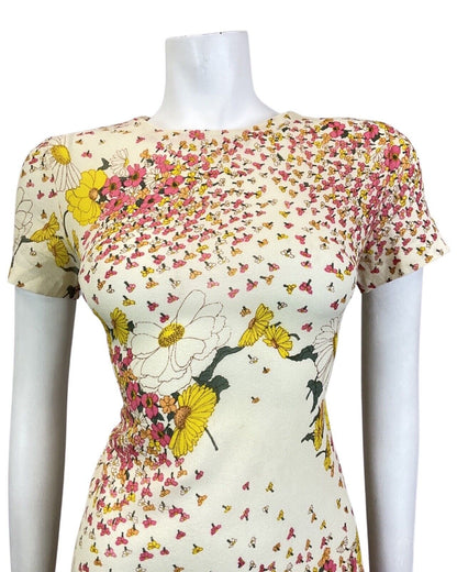 VINTAGE 60s 70s CREAM PINK YELLOW FLORAL PETAL SUMMER SHORT DRESS 8 10