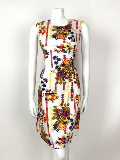 VINTAGE 60s 70s WHITE RED BLUE YELLOW GOLD FLORAL GEOMETRIC MOD DRESS 10 12