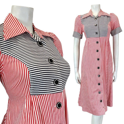 VINTAGE 60s 70s RED WHITE BLACK STRIPED BELTED MOD DAGGER MIDI SHIRT DRESS 8 10