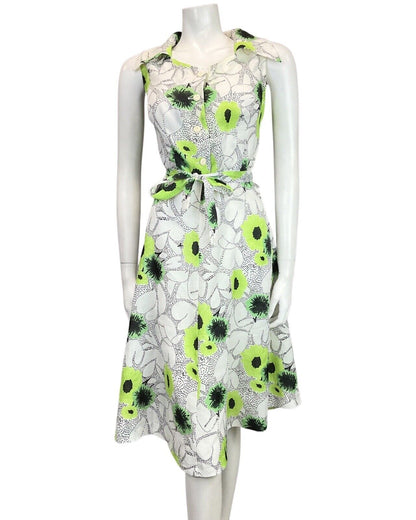 VINTAGE 60s 70s WHITE BLACK LIME GREEN DOTTY FLORAL SLEEVELESS SWING DRESS 10
